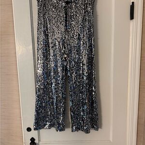 Maeve Anthropologie Colette Cropped Wide-Leg Sequin Pants Silver Cocktail